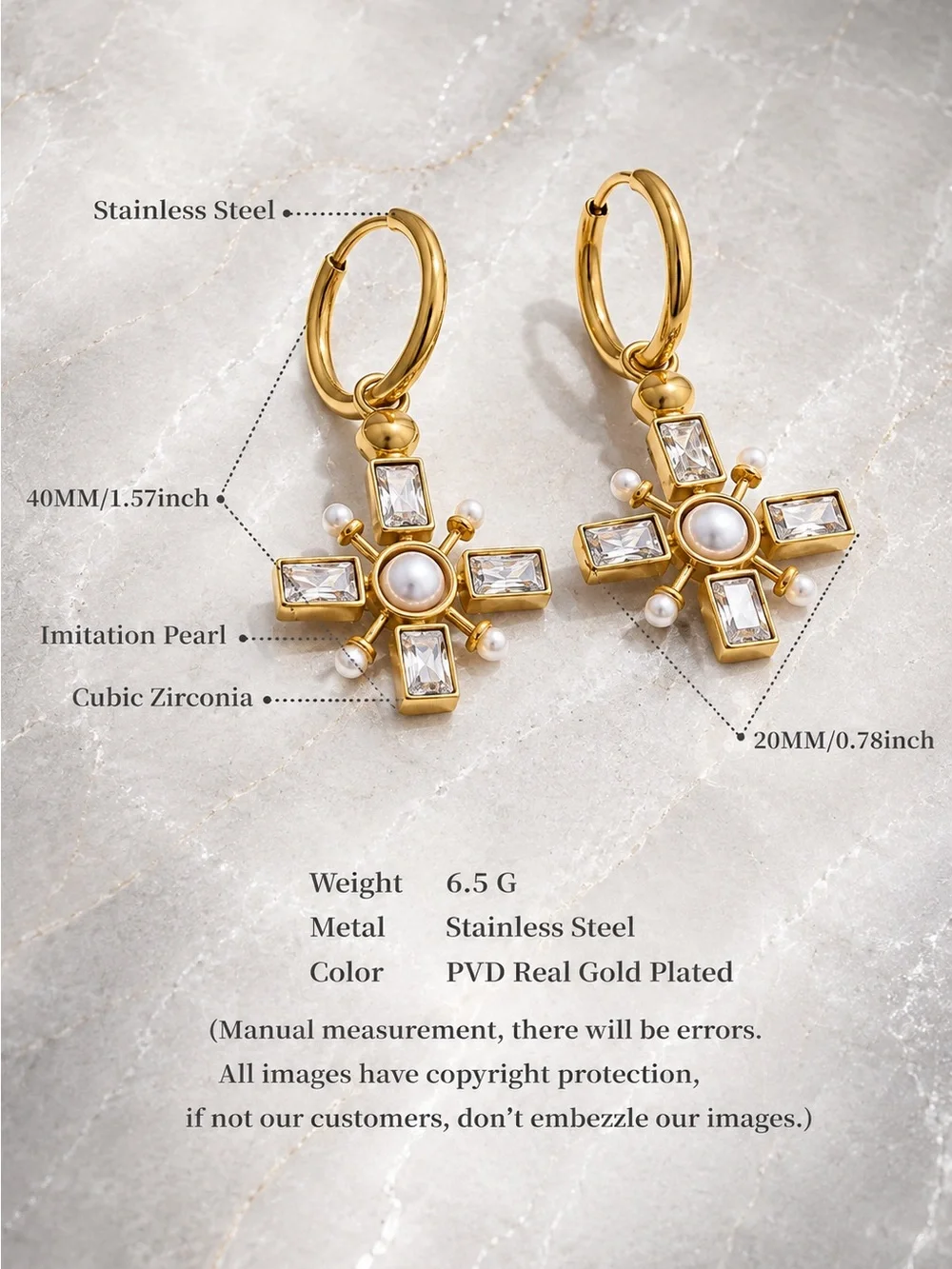 Gold plated Cross Hoop Earrings with Pearls and Crystals